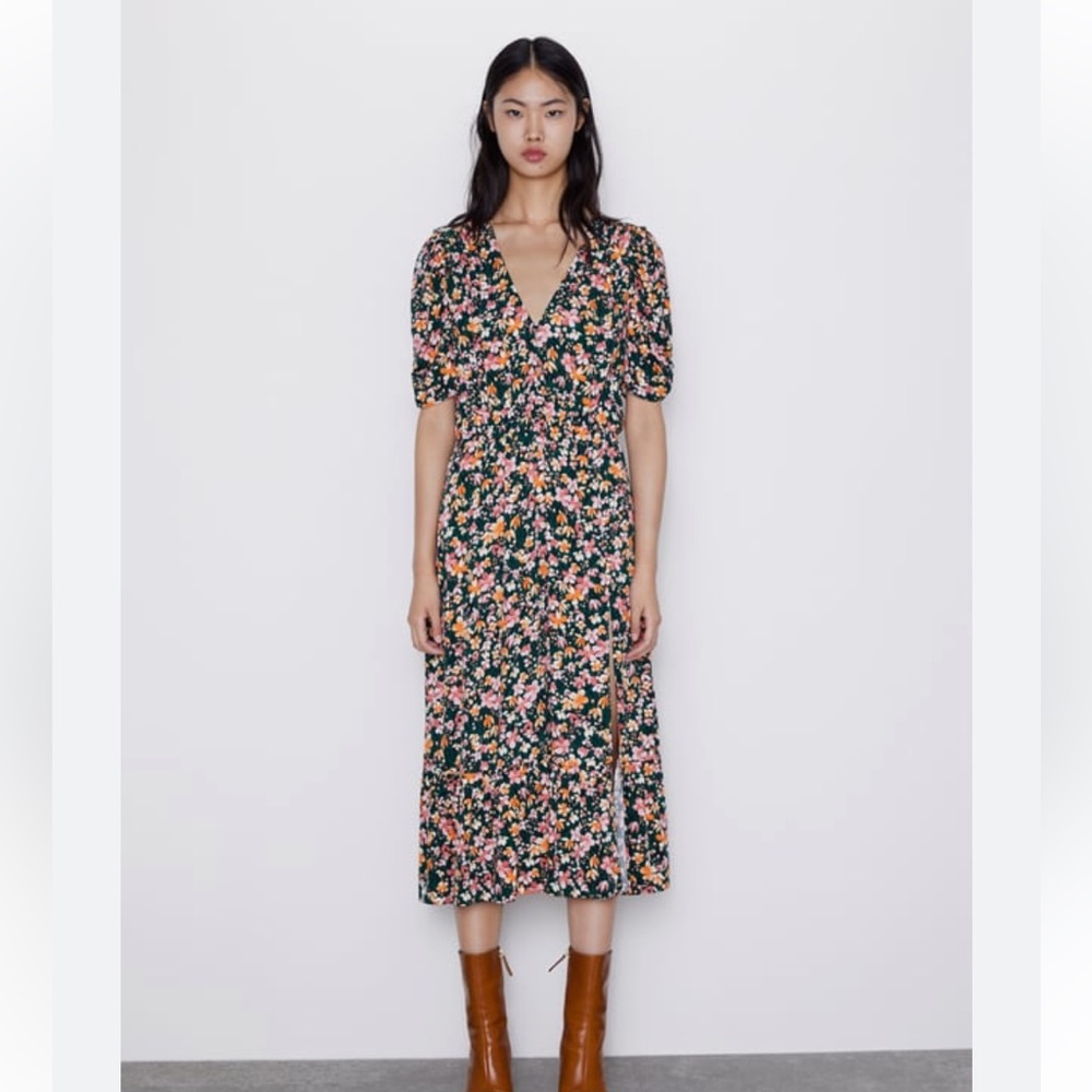 Zara Floral Buttoned Midi Slit Dress